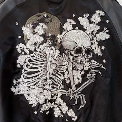 Skull Skajan Jacket – Ukiyo‑e Style Embroidered Japanese Bomber – Black/Dark Grey by HanaBee
