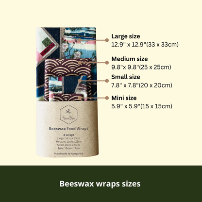 Beeswax Food Wraps – Ukiyoe Art, Navy (Set of 4)