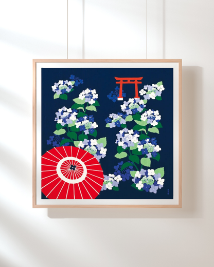 Eco‑Friendly Furoshiki Gift Wrap – Reusable 50 cm Cloth – Hydrangea, Shrine Gate & Wagasa Design