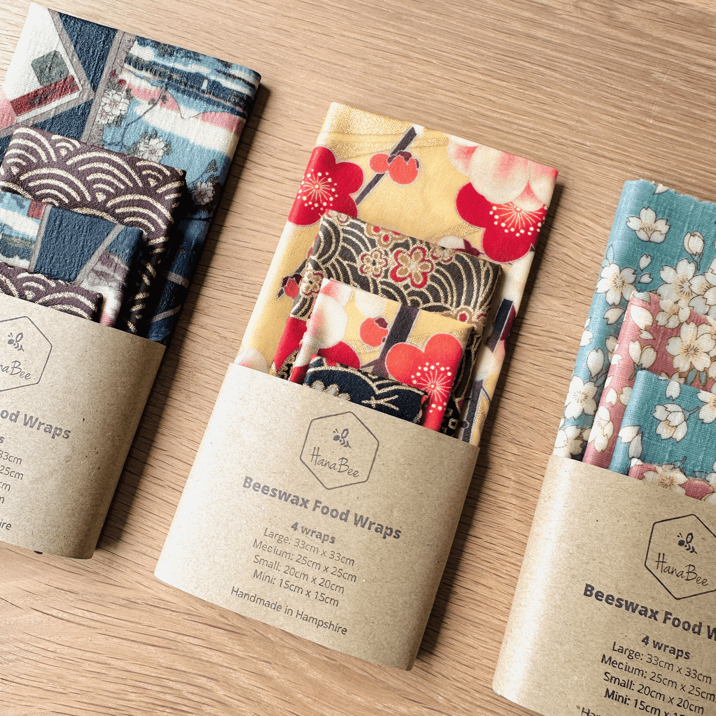 Beeswax Food Wraps – Red Cherry Flowers Design (Handmade in the UK, Set of 4)