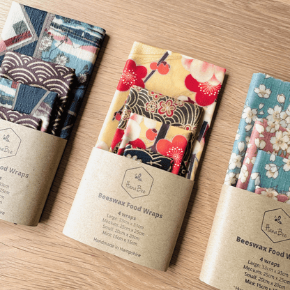 Beeswax Food Wraps – Red Cherry Flowers Design (Handmade in the UK, Set of 4)