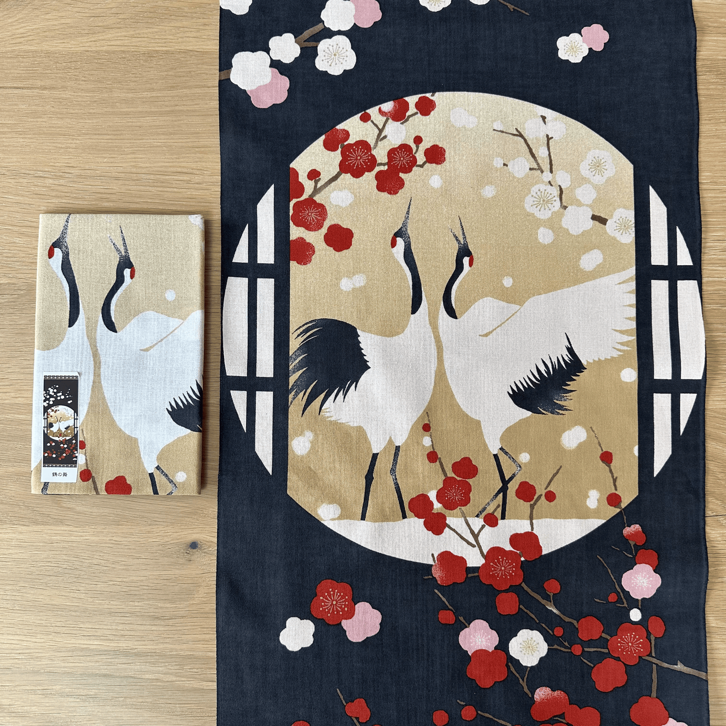 Tenugui Wall Art, Crane and cherry flowers, 34cm x 90cm (13.4” x 35.4”)