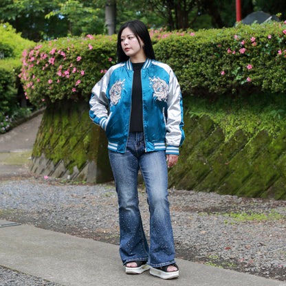 9‑Tailed Fox Skajan Jacket – Embroidered Japanese Bomber – Teal/White‑Silver by HanaBee