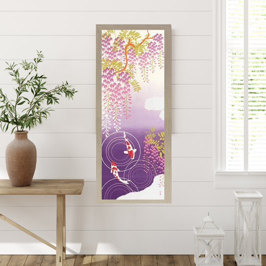 Tenugui Wall Art, Wisteria and Koi fish, 34cm x 90cm (13.4” x 35.4”)