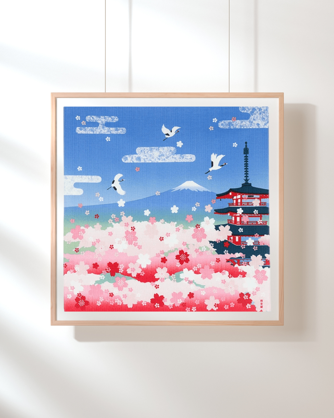 Eco‑Friendly Furoshiki Gift Wrap – Reusable 50 cm Cloth – Spring Pagoda, Mt Fuji, Cranes & Cherry Blossoms Design