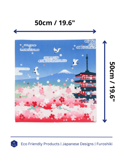 Eco‑Friendly Furoshiki Gift Wrap – Reusable 50 cm Cloth – Spring Pagoda, Mt Fuji, Cranes & Cherry Blossoms Design