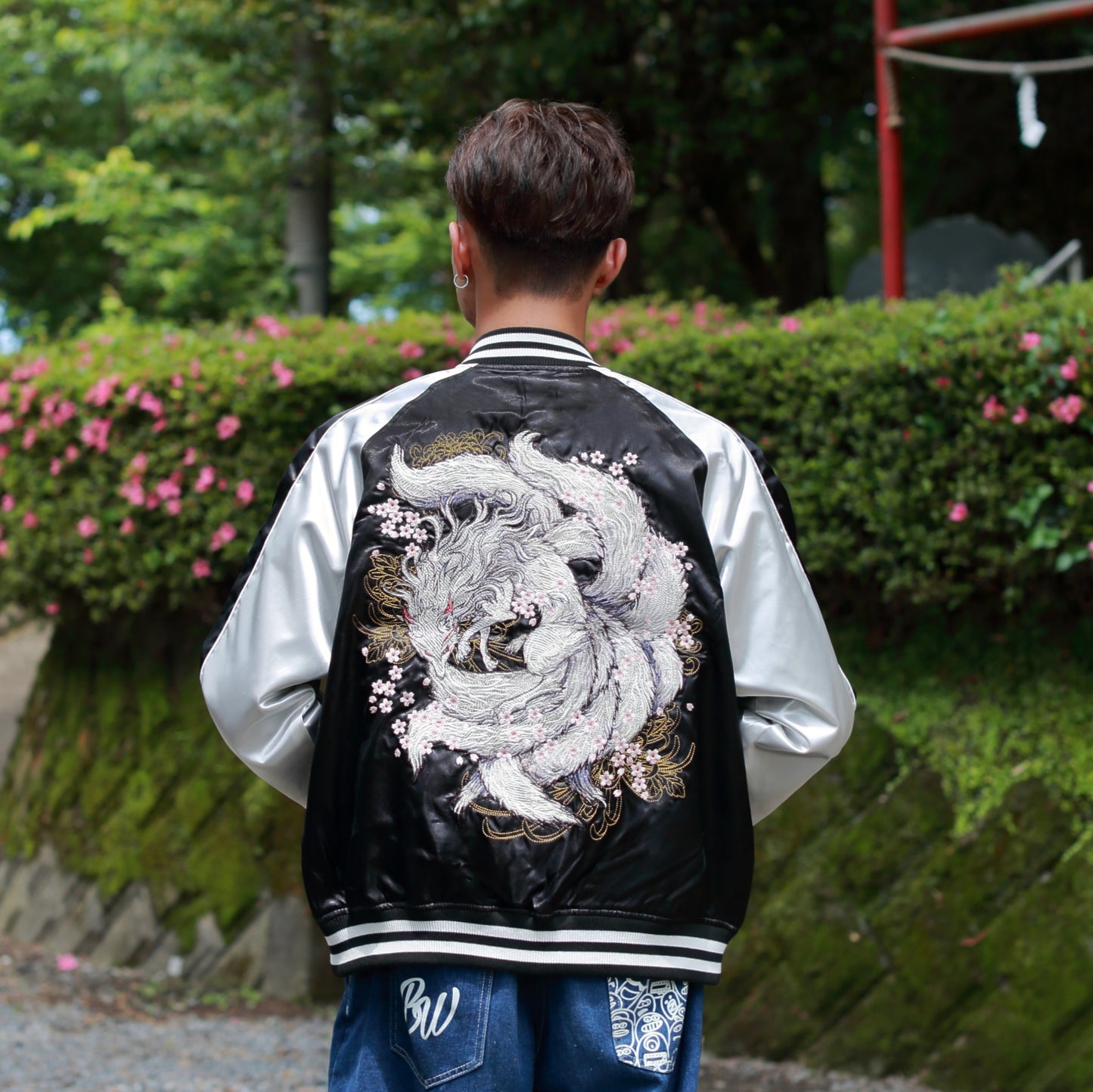 9‑Tailed Fox Skajan Jacket – Embroidered Japanese Bomber – Black/White‑Silver by HanaBee