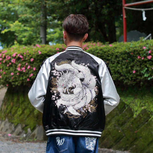 9‑Tailed Fox Skajan Jacket – Embroidered Japanese Bomber – Black/White‑Silver by HanaBee
