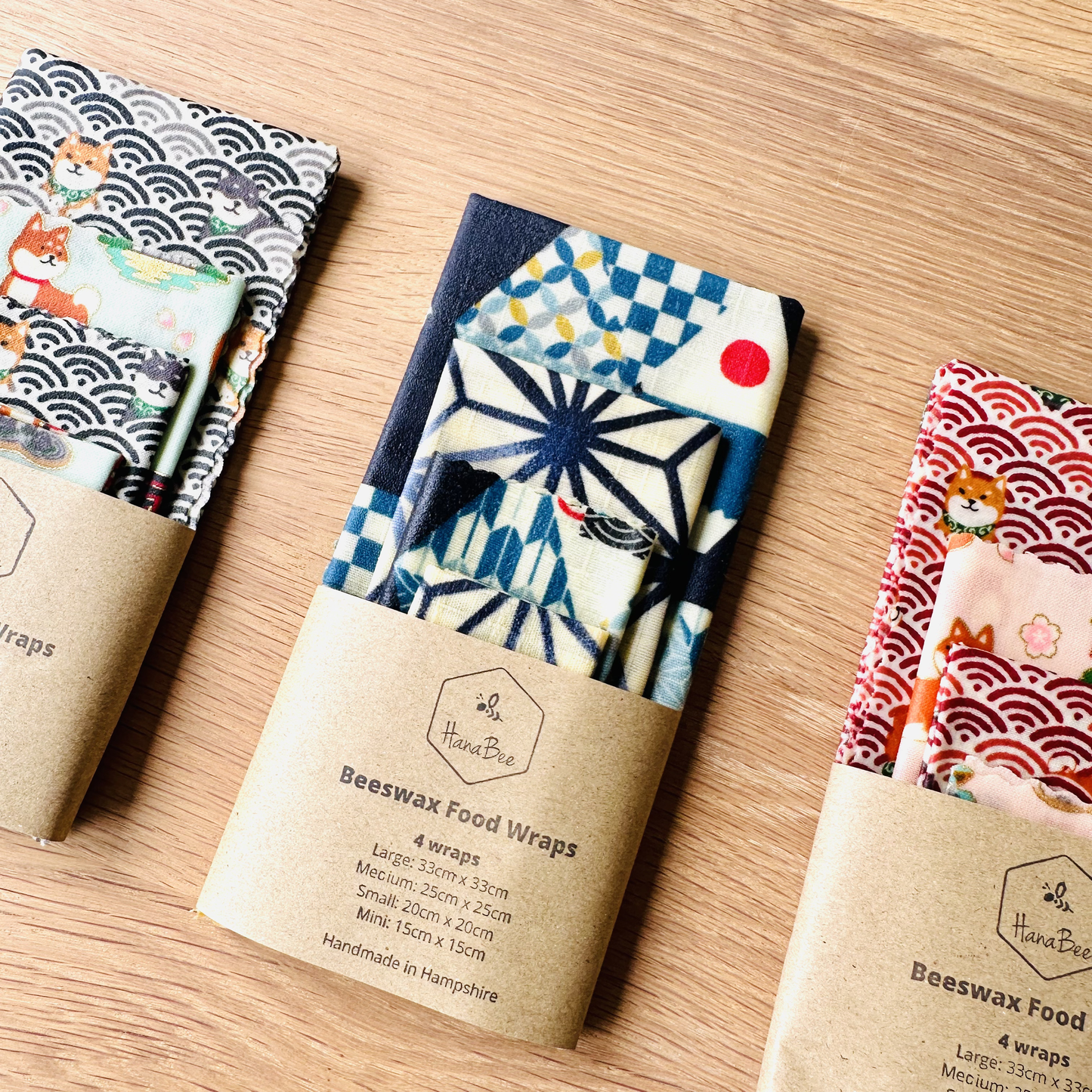 Beeswax Food Wraps – Onigiri Design (Handmade in the UK, Set of 4)
