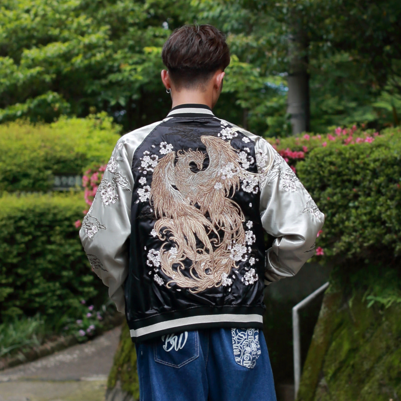 Phoenix Skajan Jacket – Embroidered Japanese Bomber – Black/Champagne‑Gold by HanaBee