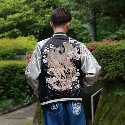 Phoenix Skajan Jacket – Embroidered Japanese Bomber – Black/Champagne‑Gold by HanaBee