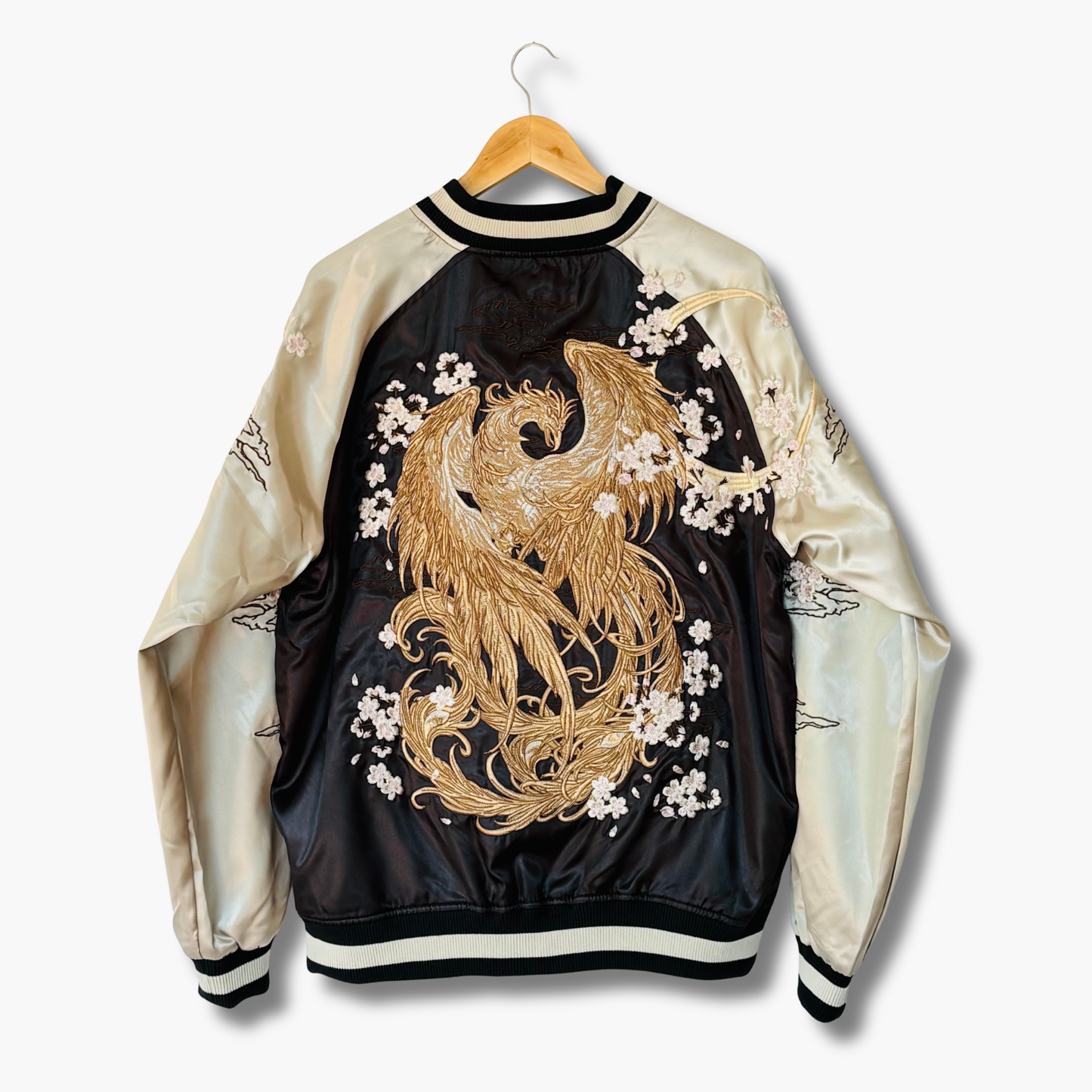 Phoenix Skajan Jacket – Embroidered Japanese Bomber – Black/Champagne‑Gold by HanaBee