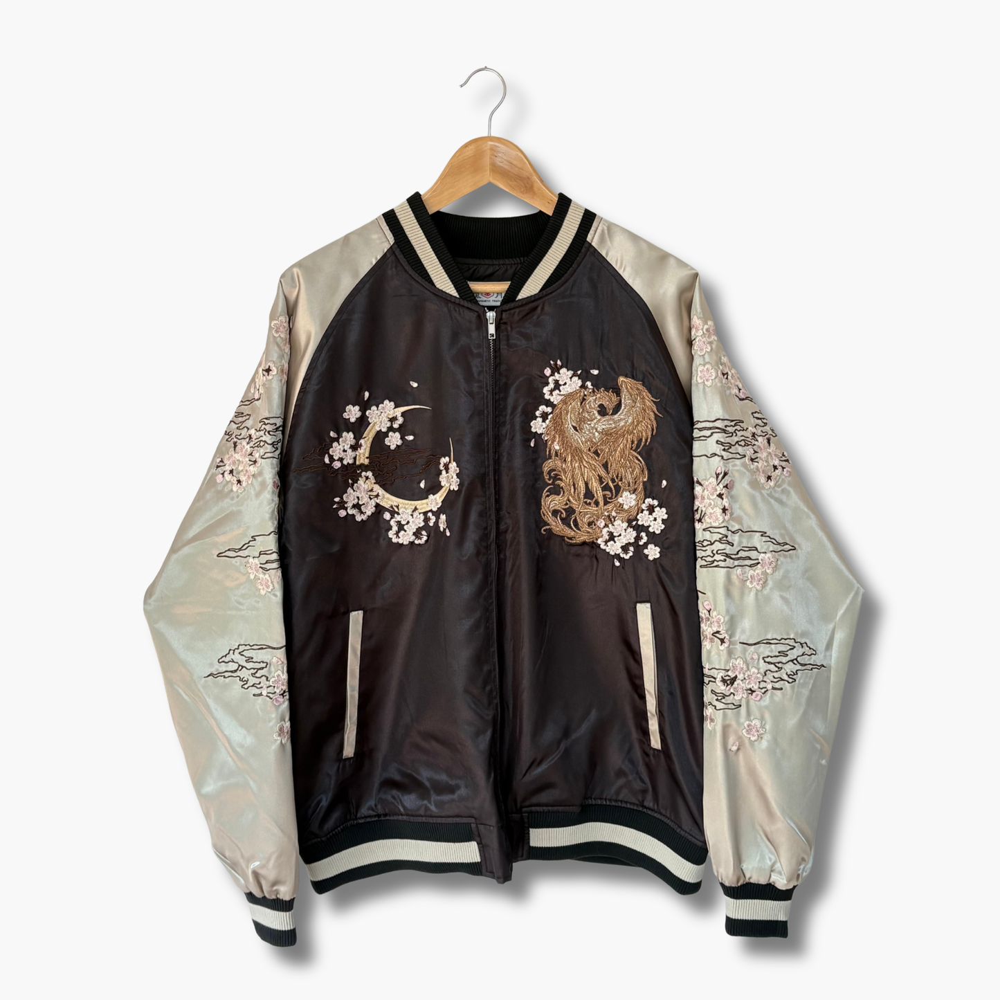 Phoenix Skajan Jacket – Embroidered Japanese Bomber – Black/Champagne‑Gold by HanaBee
