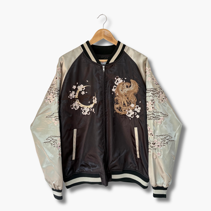 Phoenix Skajan Jacket – Embroidered Japanese Bomber – Black/Champagne‑Gold by HanaBee