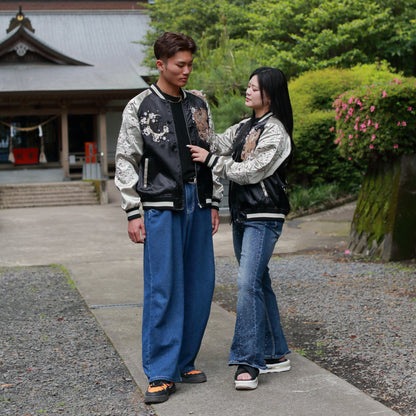 Phoenix Skajan Jacket – Embroidered Japanese Bomber – Black/Champagne‑Gold by HanaBee