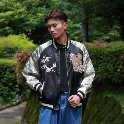 Phoenix Skajan Jacket – Embroidered Japanese Bomber – Black/Champagne‑Gold by HanaBee