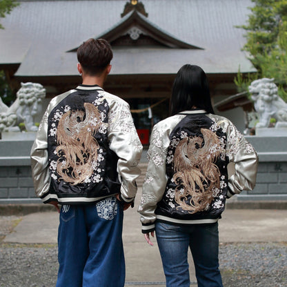 Phoenix Skajan Jacket – Embroidered Japanese Bomber – Black/Champagne‑Gold by HanaBee