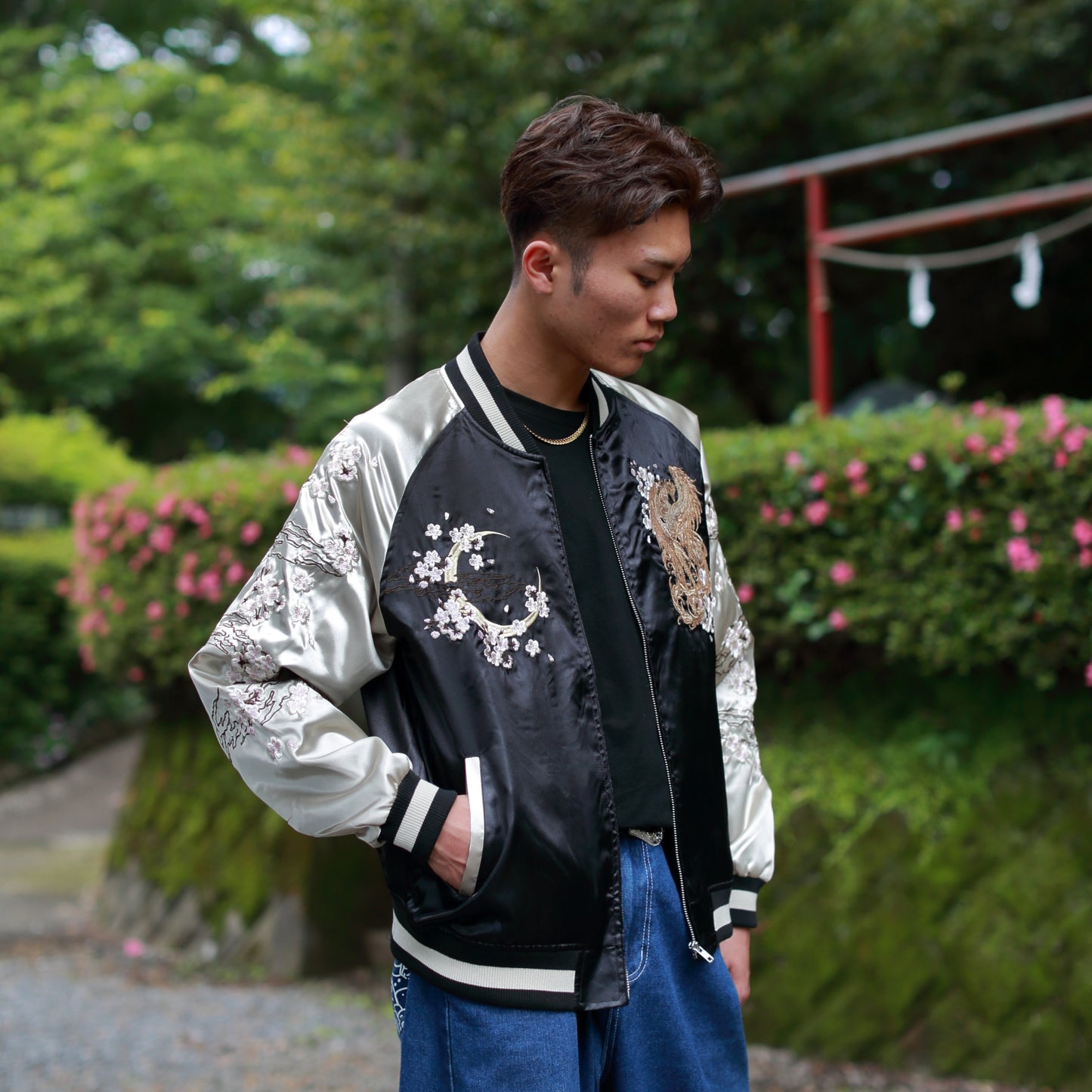 Phoenix Skajan Jacket – Embroidered Japanese Bomber – Black/Champagne‑Gold by HanaBee