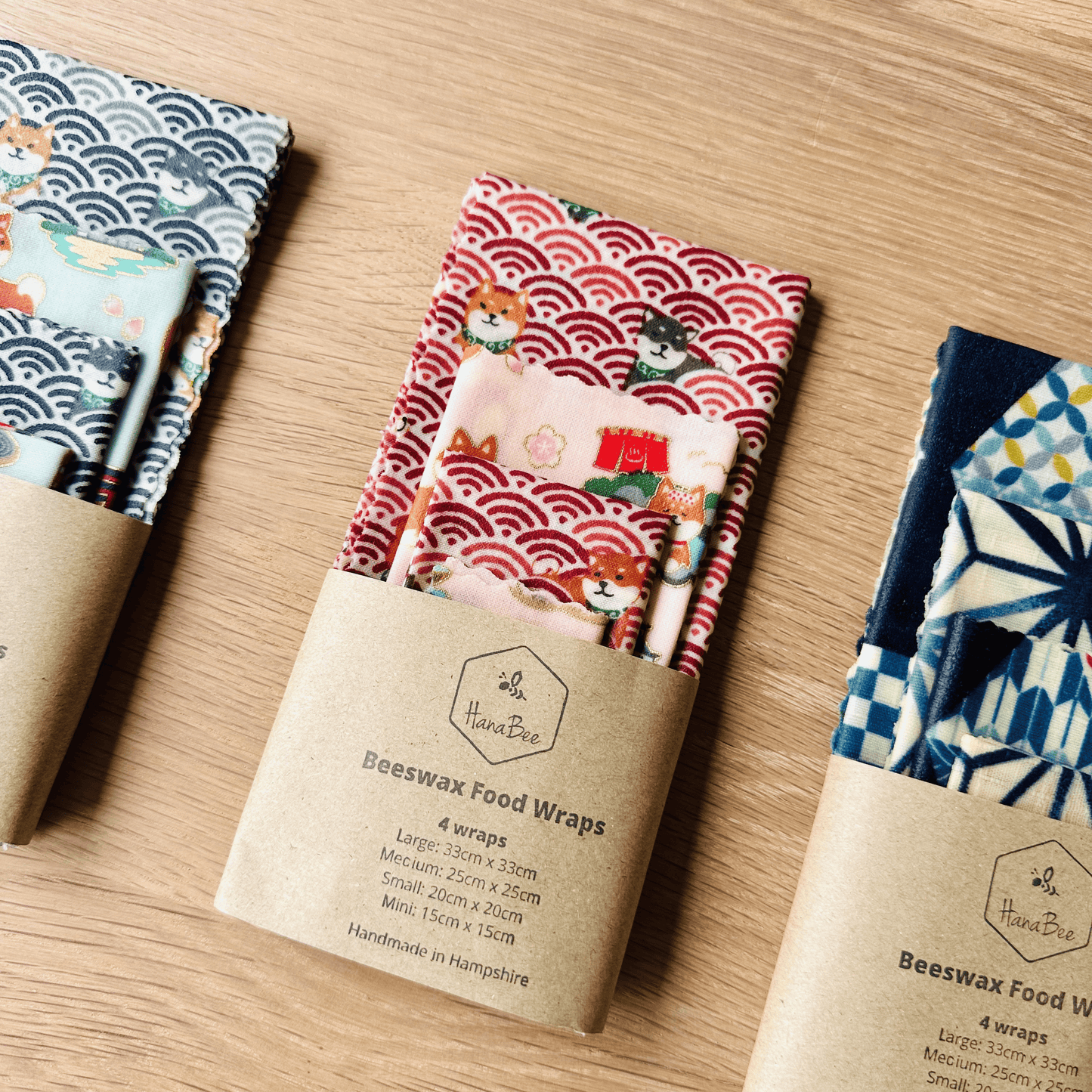 Beeswax Food Wraps – Shiba Design, Red and Pink (Set of 4)