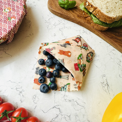 Beeswax Food Wraps – Shiba Design, Red and Pink (Set of 4)