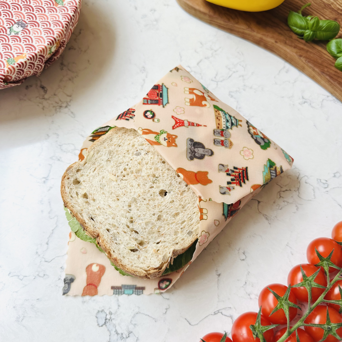 Beeswax Food Wraps – Shiba Design, Red and Pink (Set of 4)