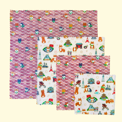 Beeswax Food Wraps – Shiba Design, Red and Pink (Set of 4)