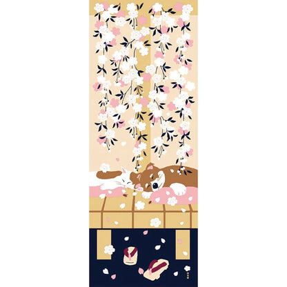 Tenugui Art, Shiba Dog & Cat with Cherry Blossoms, 34cm x 90cm (13.4” x 35.4”)