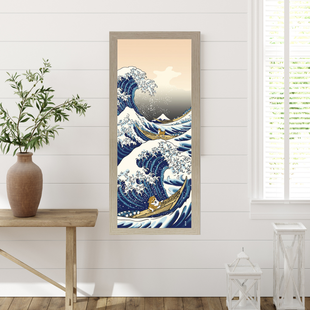 Tenugui Art, Shiba Inu with A Great Wave, 34cm x 90cm (13.4” x 35.4”)