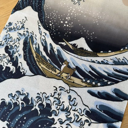 Tenugui Art, Shiba Inu with A Great Wave, 34cm x 90cm (13.4” x 35.4”)