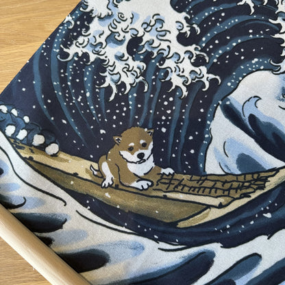 Tenugui Art, Shiba Inu with A Great Wave, 34cm x 90cm (13.4” x 35.4”)