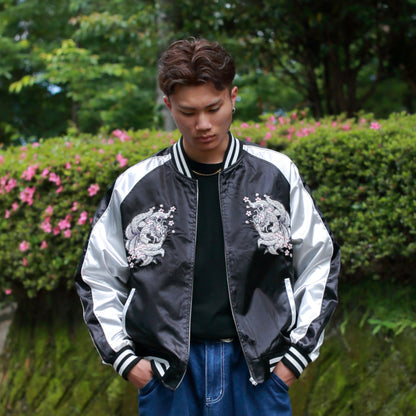 9‑Tailed Fox Skajan Jacket – Embroidered Japanese Bomber – Black/White‑Silver by HanaBee