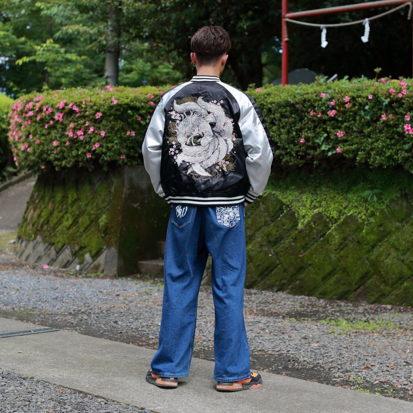 9‑Tailed Fox Skajan Jacket – Embroidered Japanese Bomber – Black/White‑Silver by HanaBee