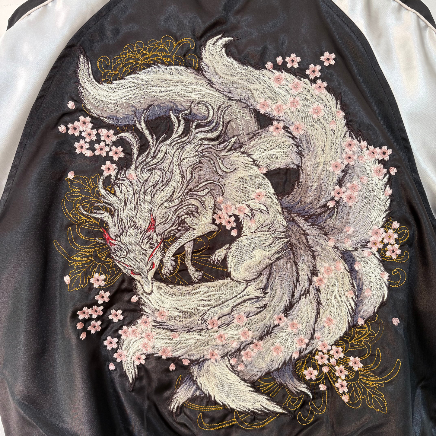 9‑Tailed Fox Skajan Jacket – Embroidered Japanese Bomber – Black/White‑Silver by HanaBee