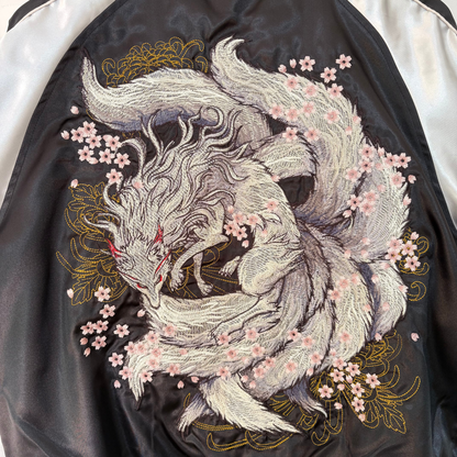 9‑Tailed Fox Skajan Jacket – Embroidered Japanese Bomber – Black/White‑Silver by HanaBee