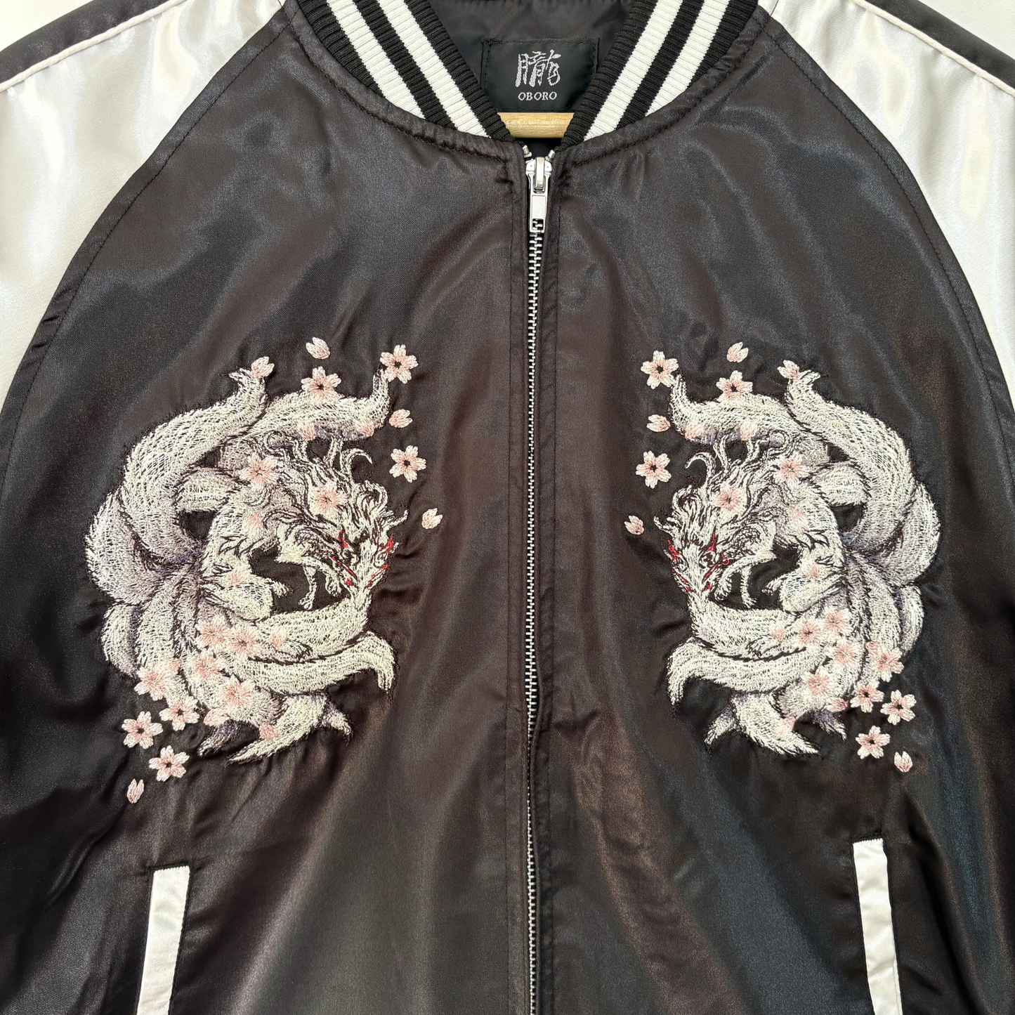 9‑Tailed Fox Skajan Jacket – Embroidered Japanese Bomber – Black/White‑Silver by HanaBee