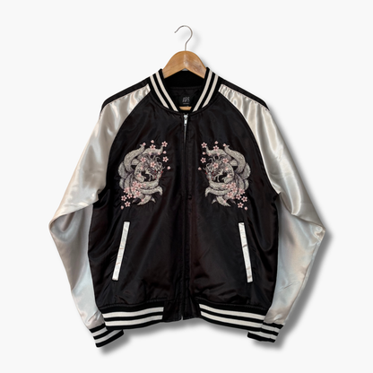 9‑Tailed Fox Skajan Jacket – Embroidered Japanese Bomber – Black/White‑Silver by HanaBee