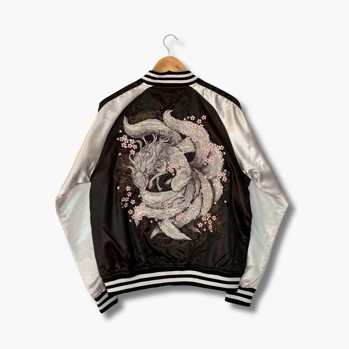 9‑Tailed Fox Skajan Jacket – Embroidered Japanese Bomber – Black/White‑Silver by HanaBee