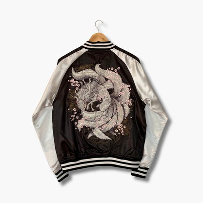 9‑Tailed Fox Skajan Jacket – Embroidered Japanese Bomber – Black/White‑Silver by HanaBee