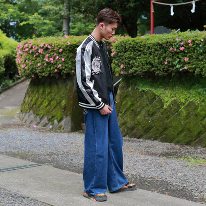 9‑Tailed Fox Skajan Jacket – Embroidered Japanese Bomber – Black/White‑Silver by HanaBee