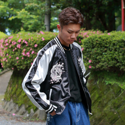 9‑Tailed Fox Skajan Jacket – Embroidered Japanese Bomber – Black/White‑Silver by HanaBee