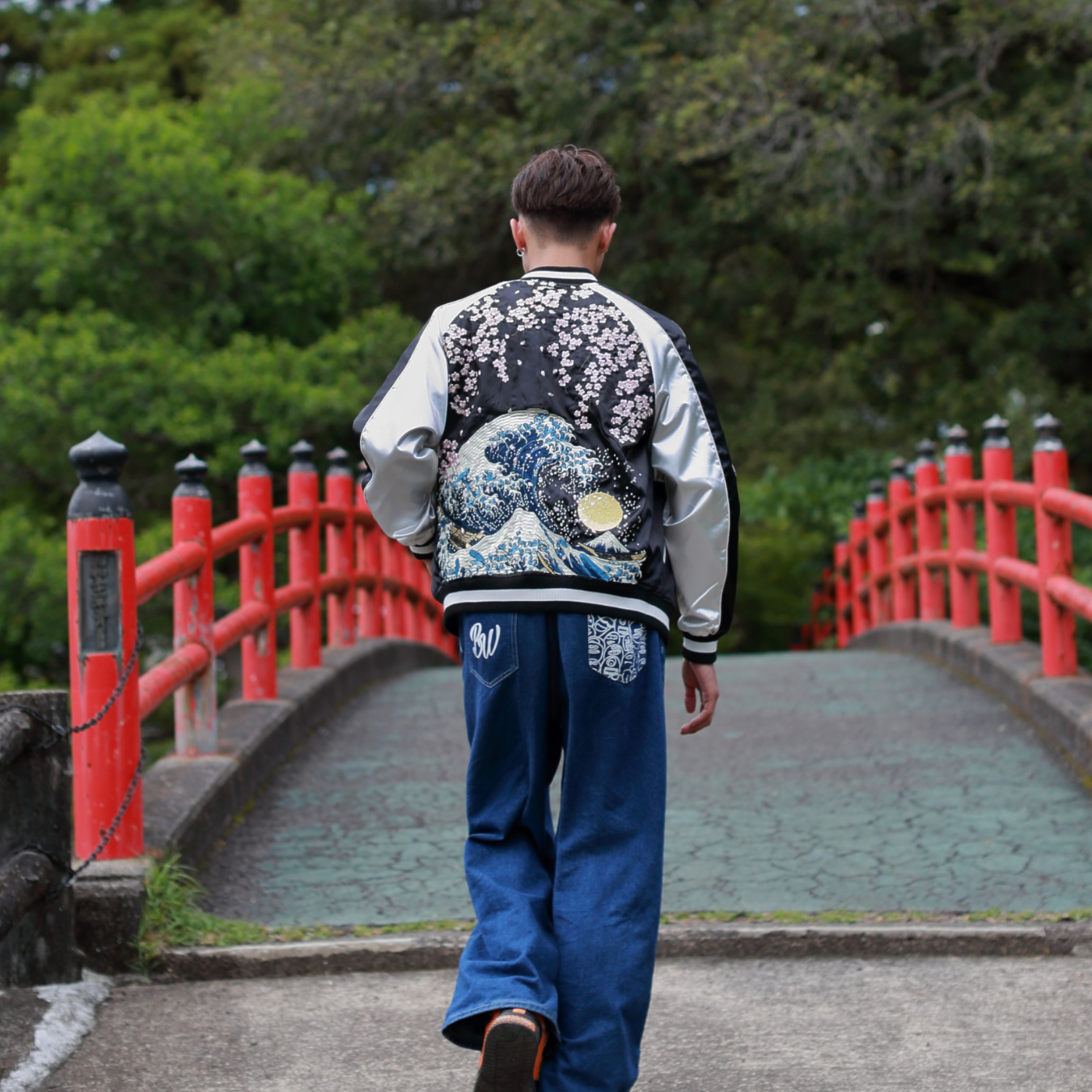 Great Wave & Cherry Blossom Skajan Jacket –  Embroidered Japanese Bomber – Black/Silver Bomber by HanaBee