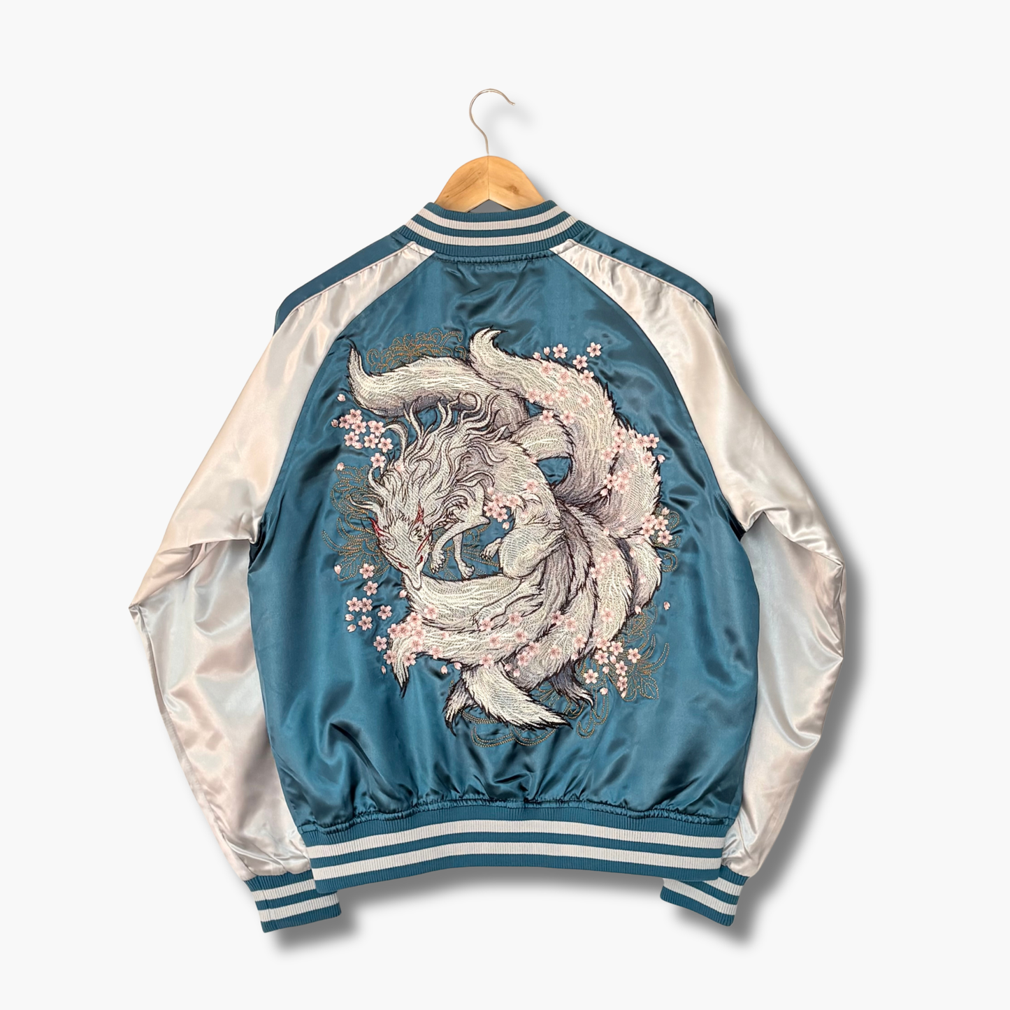 9‑Tailed Fox Skajan Jacket – Embroidered Japanese Bomber – Teal/White‑Silver by HanaBee