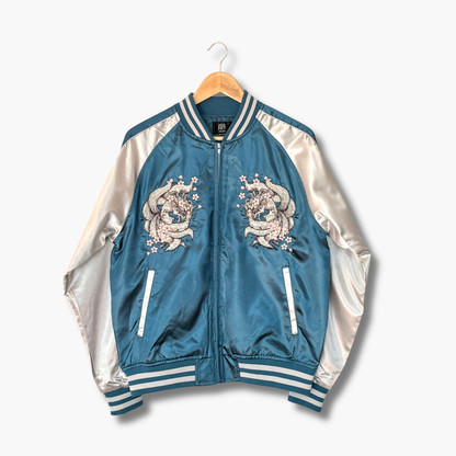9‑Tailed Fox Skajan Jacket – Embroidered Japanese Bomber – Teal/White‑Silver by HanaBee
