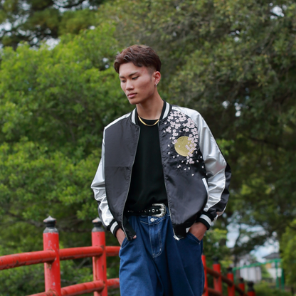 Great Wave & Cherry Blossom Skajan Jacket –  Embroidered Japanese Bomber – Black/Silver Bomber by HanaBee