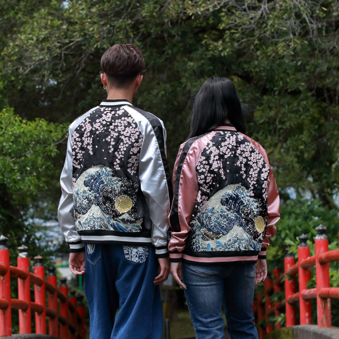 Great Wave & Cherry Blossom Skajan Jacket –  Embroidered Japanese Bomber – Black/Silver Bomber by HanaBee