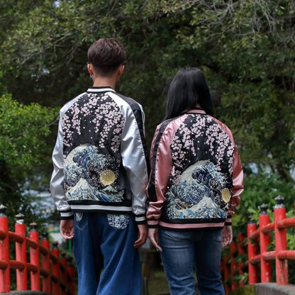 Great Wave & Cherry Blossom Skajan Jacket –  Embroidered Japanese Bomber – Black/Silver Bomber by HanaBee