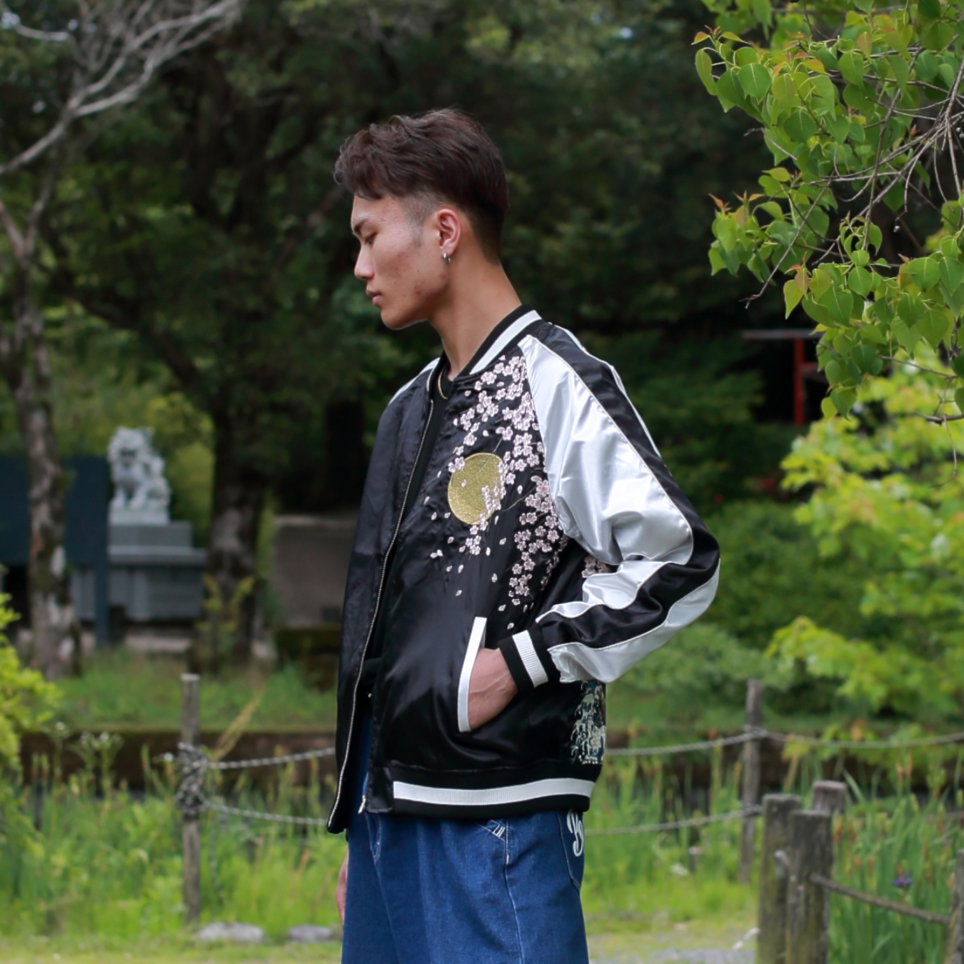 Great Wave & Cherry Blossom Skajan Jacket –  Embroidered Japanese Bomber – Black/Silver Bomber by HanaBee