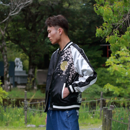 Great Wave & Cherry Blossom Skajan Jacket –  Embroidered Japanese Bomber – Black/Silver Bomber by HanaBee