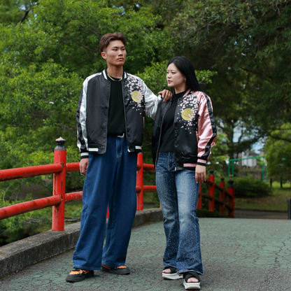 Great Wave & Cherry Blossom Skajan Jacket –  Embroidered Japanese Bomber – Black/Silver Bomber by HanaBee