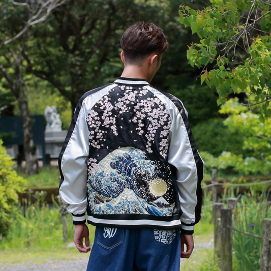 Great Wave & Cherry Blossom Skajan Jacket –  Embroidered Japanese Bomber – Black/Silver Bomber by HanaBee
